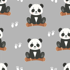 Cute pandas sitting on a tree, paw prints seamless pattern. Template for textile, wallpaper, packaging, cover, web, card, box, print, banner, ceramics