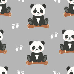 Fototapeta premium Cute pandas sitting on a tree, paw prints seamless pattern. Template for textile, wallpaper, packaging, cover, web, card, box, print, banner, ceramics