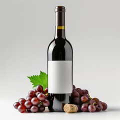 A bottle of red wine with grapes on the side on a white background. The bottle is made of glass and has a cork on the top with white empty label.