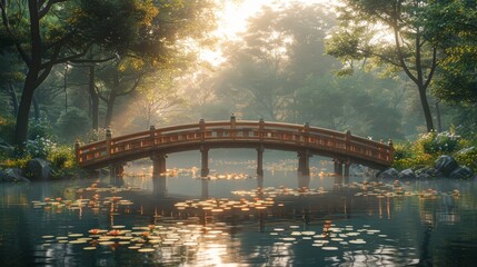 wooden bridge that spans the tranquil pond - 783106572