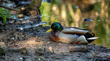 Tired duck resting near his lake .AI generated