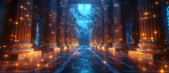 Fototapeta premium Cybernetic Courtroom Trials Conducted by Algorithmic Intelligences in a Futuristic Blue Sci Fi Hallway