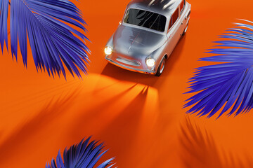 Summer travel concept. Retro car with palm leaf on vibrant orange background. 3D Rendering, 3D Illustration - 783106961