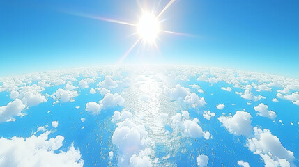 A blue sky with a sun shining brightly in the middle. The sun is the main focus of the image, and it creates a warm and inviting atmosphere. The blue sky and the sun together evoke a sense of peace - obrazy, fototapety, plakaty