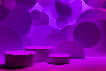 Abstract scene for presentation cosmetic products mockup - three round cylinder podiums in gradient purple violet glowing light, circles as geometric decor. Template for showing in neon hipster style.