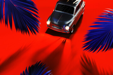 High contrast summer concept. Retro car with palm leaf on vibrant red background. 3D Rendering, 3D Illustration - obrazy, fototapety, plakaty