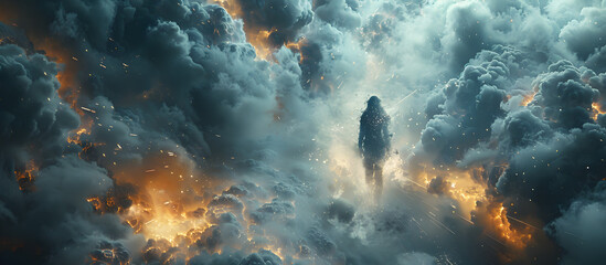 Cybernetic Warzone Amidst Turbulent Storm of Gunfire and Explosions - obrazy, fototapety, plakaty