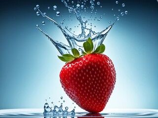 Eine Erdbeere fällt ins Wasser - KI generierte Illustration - Nahaufnahme - obrazy, fototapety, plakaty