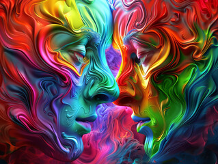 Two colorful faces with a rainbow background