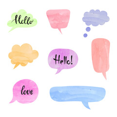 Colorful speech bubbles set. Watercolor thought balloons vector illustration