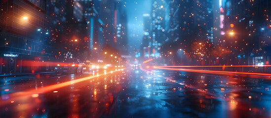 Eerie Cybernetic Cityscape Aglow During Blackout with Emergency Lights Casting Surreal Blue Hues Over Darkened Streets