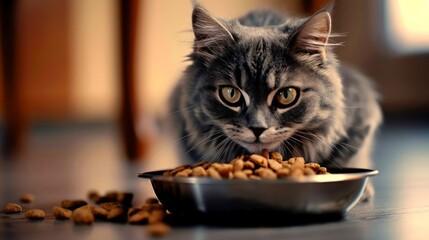 Fluffy cat eats dry nutritious food from a shiny bowl