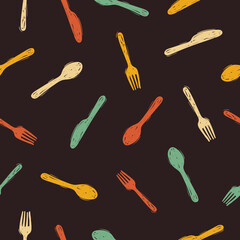 Colorful doodle spoon, knife and fork seamless pattern. Vector illustration