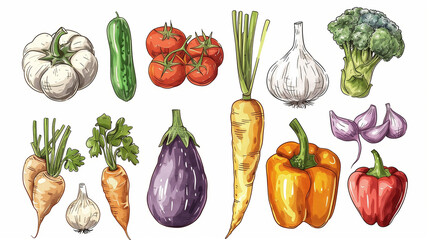 Hand-drawn vegetable illustration, colorful sketch of leafy greens and root vegetables, kitchen wall art concept.
