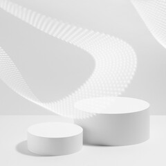 Abstract scene - two round white podiums for cosmetic products mockup, with dotted neon glowing wave on white background. For presentation skin care products, gifts, advertising in minimal style.