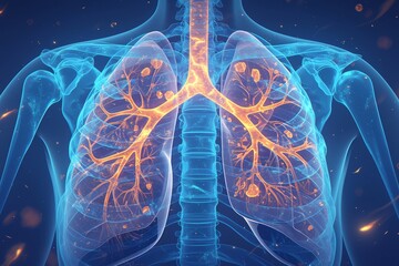 A detailed illustration of lungs with highlighted networked structures, in blue and orange colors. 