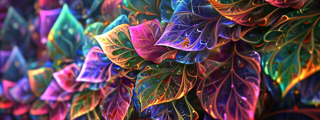 bright leaves on a branch in a fantasy style.  The leaves are in peacock color. Abstract background of leaves in neon colors