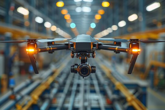 A cutting-edge drone with camera flies through a busy warehouse, illustrating modern logistics, technology, and the future of automated surveillance