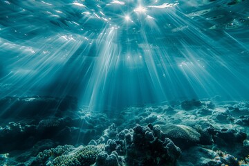 Sun rays pierce the ocean above a coral reef