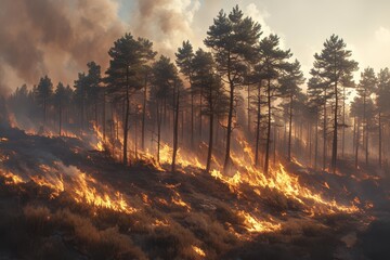 A forest fire is raging in the woods, with trees burning and flames spreading across an endless expanse of land. - obrazy, fototapety, plakaty