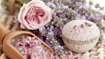 Fototapeta na wymiar A small wooden bowl with pink salt and a lavender flower next to a bath bomb