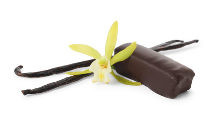 Glazed curd cheese bar, vanilla pods and flower isolated on white