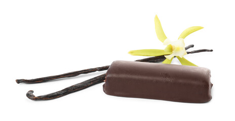 Glazed curd cheese bar, vanilla pods and flower isolated on white