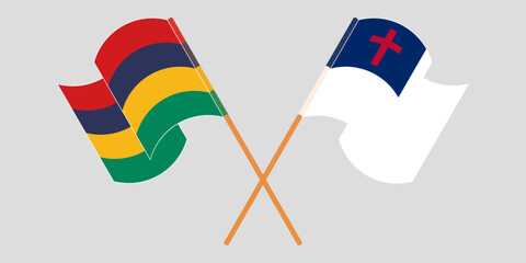 Crossed and waving flags of Mauritius and christianity
