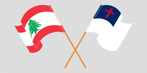 Crossed and waving flags of the Lebanon and christianity