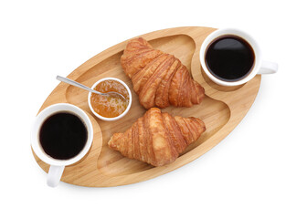 Tasty breakfast. Cups of coffee, jam and croissants isolated on white, top view