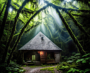 A small wooden cabin in the middle of a dense forest. - Powered by Adobe