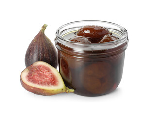 Jar of tasty sweet jam and fresh figs isolated on white