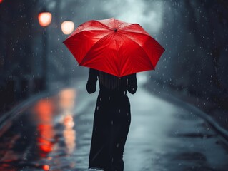 Elegant Woman in Black Dress Holding Red Umbrella in Rainy Urban Night, Silhouette Streetlight Reflection Sophisticated Atmosphere Mystery Poise