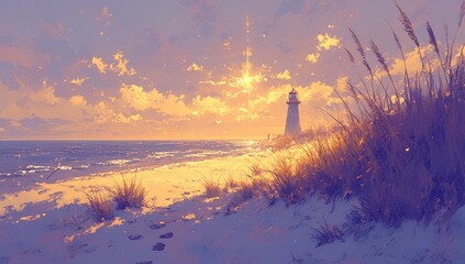 A lighthouse on the beach at sunset, surrounded by tall grass and sand dunes with footprints leading to it. 