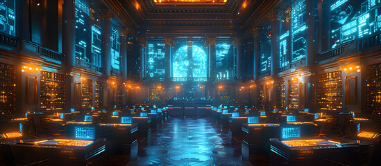 Obraz premium Futuristic Courtroom with Holographic Evidence Presentation in Documentary Style Blue Sci Fi Tone