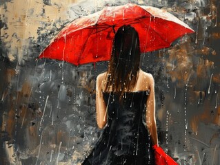 Elegant Woman in Black Dress Holding Red Umbrella in Rainy Scene, Cinematic Silhouette Contrast, Mysterious Atmosphere