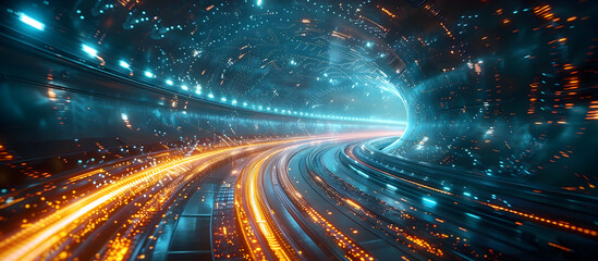 Futuristic Cybernetic Racetrack with Speeding Hovercrafts Leaving Trails of Luminous Light in a Captivating Sci Fi Atmosphere - obrazy, fototapety, plakaty