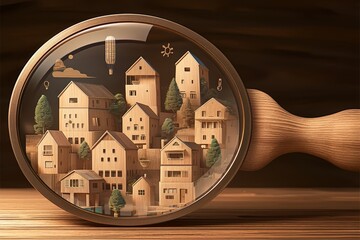 A magnifying glass over small houses on a table creates a real estate concept. 