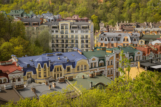 Kyiv, Ukraine. April 11, 2024. A warm sunny day. Everything blossomed. incredible view of Podil. The historical district of Podil, Vozdvizhenka and St. Andrew's Church. 