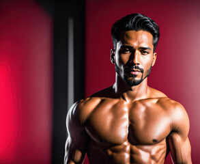 Fototapeta premium A man standing in front of a red wall with his shirt off, exposing his muscular torso.