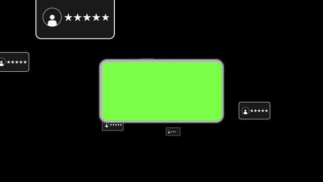 Customer feedback animation with phone and green screen. Service experiences, reviews on online application, shop. Alpha channel, transparent background.