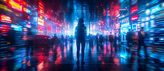 Futuristic Neon Lit Casino Patrons Obscured by Holographic Masks and Avatars in a Dystopian City Landscape - obrazy, fototapety, plakaty