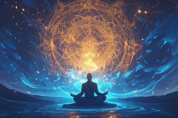 A meditating man with glowing aura around his body, symmetrical background - obrazy, fototapety, plakaty