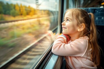 A joyous little girl gazes out of the train window as it journeys through Europe, captivated by the picturesque views passing by