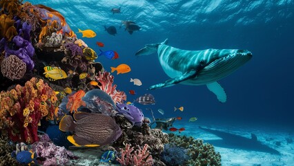 Fototapeta na wymiar June 8, World oceans day, with underwater ocean, dolphin, shark, coral, sea plants, stingray and turtle