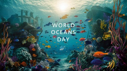 Fototapeta na wymiar June 8, World oceans day, with underwater ocean, dolphin, shark, coral, sea plants, stingray and turtle