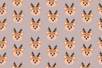 Seamless pattern with joyful cute christmas deer in flat style. Christmas holiday vector illustration of kawaii deers. Head of deer in childish style isolated on light brown background	