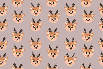 Fototapeta premium Seamless pattern with joyful cute christmas deer in flat style. Christmas holiday vector illustration of kawaii deers. Head of deer in childish style isolated on light brown background 
