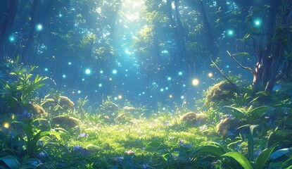 Fototapeta na wymiar A mossy forest floor with glowing fireflies, night time