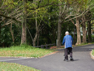 春の公園で散歩する障害者のシニア男性の姿